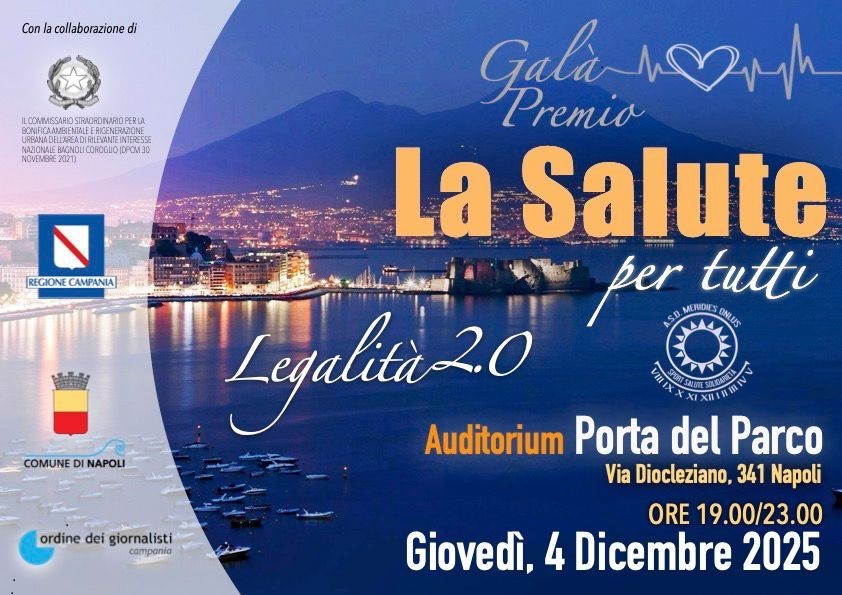 Premio La salute per tutti 2025- Legalità 2.0: il V° Premio organizzato dall’ASD Meridies Onlus All’Auditorium Porta del parco in via Diocleziano, il giorno 4 dicembre, dalle ore 19, l’ASD Meridies Onlus presenta la quinta edizione del Premio